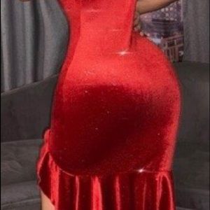 Red knee length formal dress with slit. Size small. Never worn